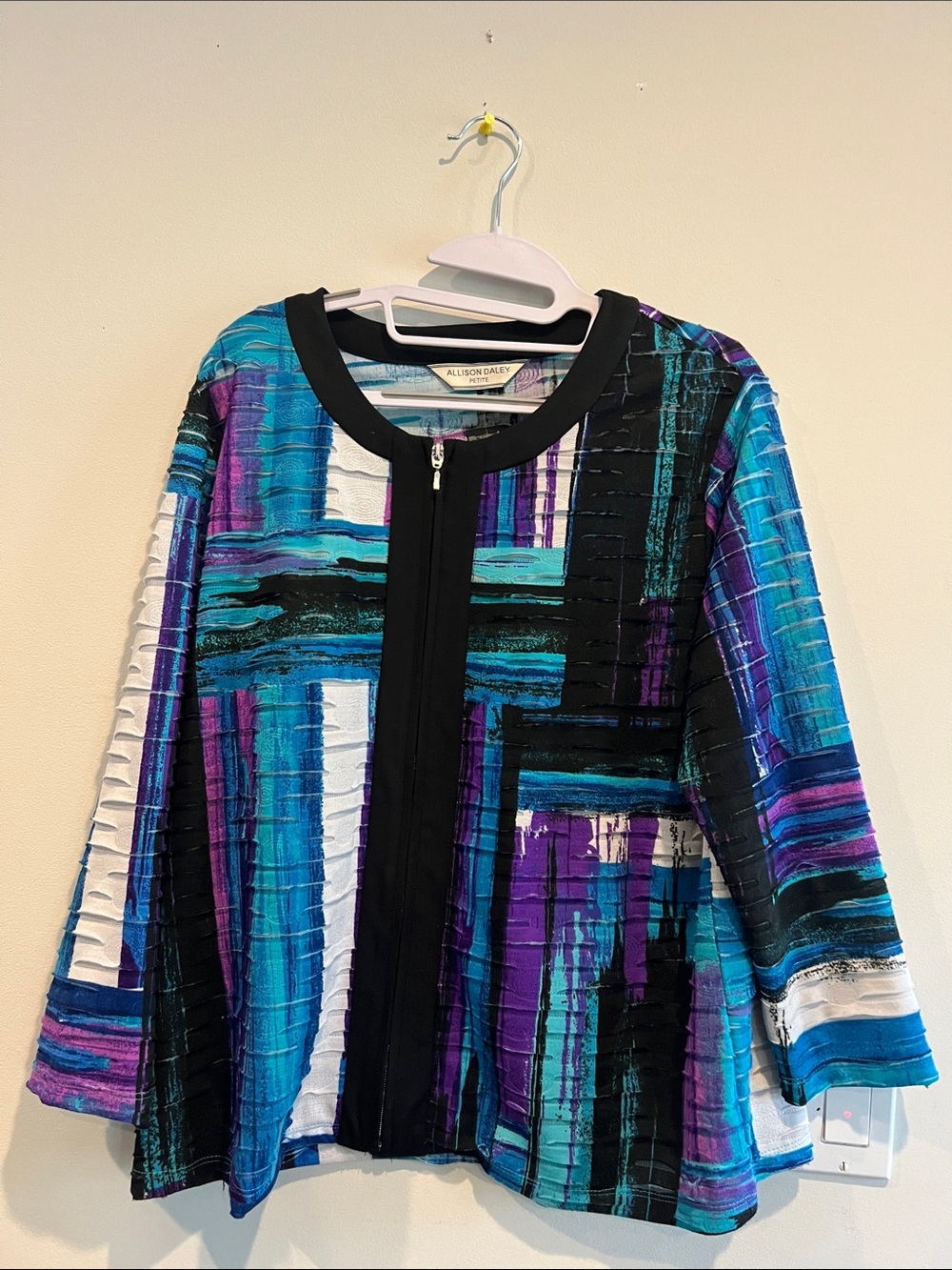 Allison Daley Petite Vintage Abstract Pleated Textured Zip Up Jacket Multi